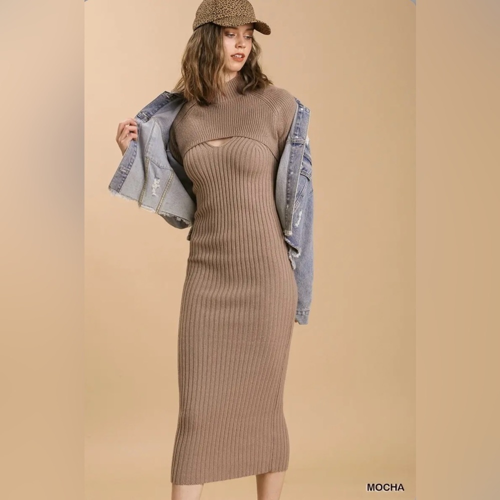 Elegant Tan Ribbed 2 Piece Knit Dress - Picture 4 of 5